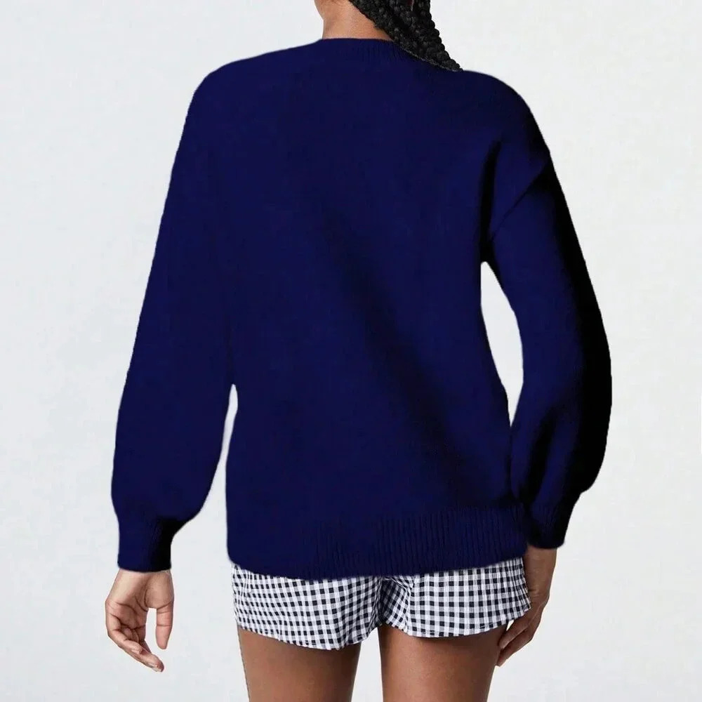 Blue Casual Women's Dog Graphic Knitted Sweater - Picture 2 of 6